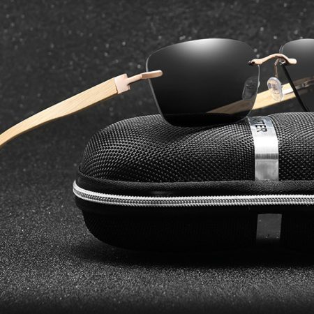 Gafas de sol cuadradas sin marco con bisagra de resorte y patillas de bambú