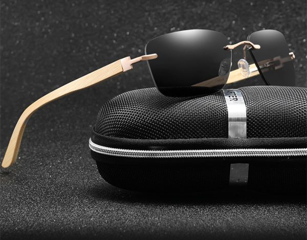 Gafas de sol cuadradas sin marco con bisagra de resorte y patillas de bambú