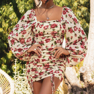 Autumn New Style Fashion Fold Print Long Sleeve Dress Women