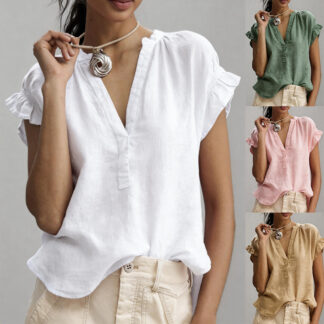Women's Casual V-Neck Cotton-Linen Blouse Top Summer Ruffle Short-Sleeve Solid Color Office Daily Wear Shirts
