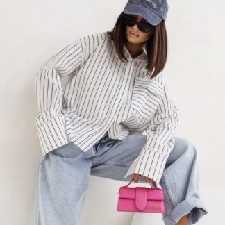 2026 NEW Women's Casual Stripes Shacket Button Down Long Sleeve Shirt Jacket Coats With Pockets