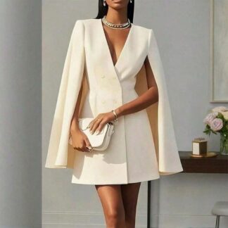 Elegant Cape Blazer Mini Dress For Women, Luxury Double-Breasted V-Neck Formal Dress With Structured Shoulders & Flowing Cape Sleeves.