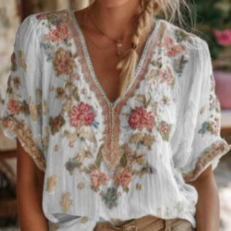 V-neck Elegant Artistic Retro-Style Short-Sleeve Womens Top
