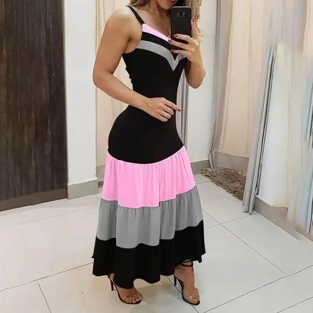 Women's Summer Casual Sleeveless V Neck Color Block Spaghetti Strap Maxi Long Dress