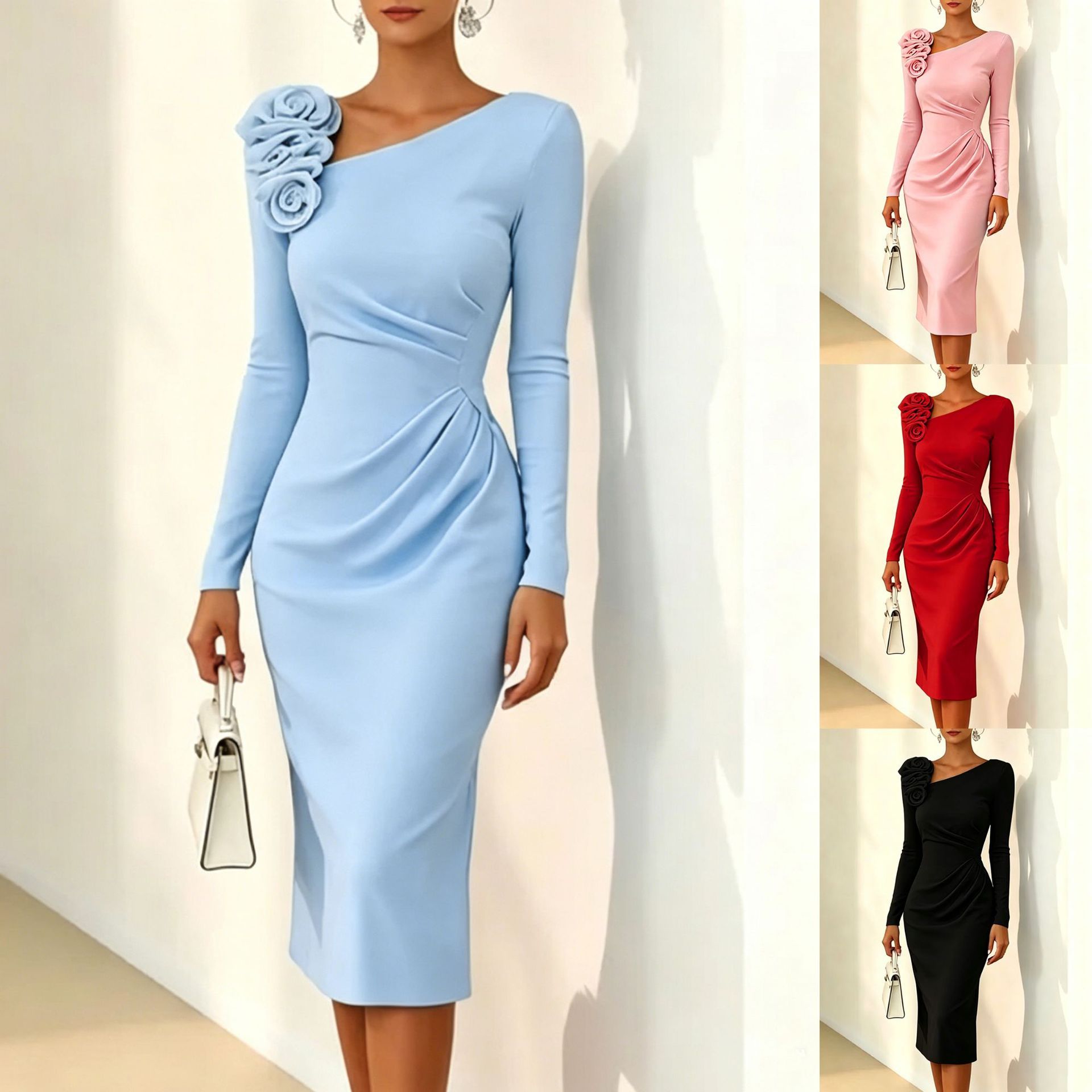 Three-Dimensional Floral Off-Shoulder Slim-Fit Dress For Women