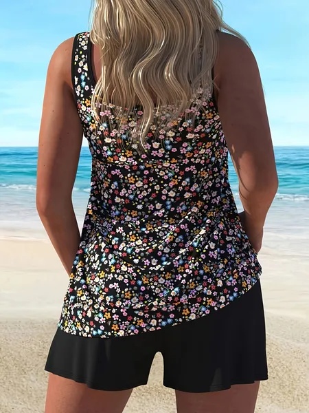 Women's Plus Size Split Floral Print Tankini Quick Drying Swimsuit Set - Image 5