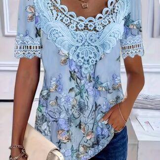 Plus Size Women'S Plus Size Fashion Casual Temperament Elegant Comfortable Versatile Vacation Retro Latin Ethnic Style Printed Lace Patchwork Neck Lace Patchwork Short Sleeve T-Shirt
