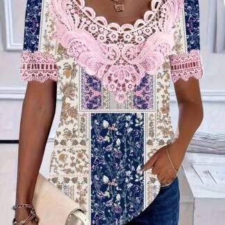 Women's Elegant Floral Print Contrast Lace Trim Round Neck T-Shirt - Lightweight Breathable Short Sleeve Casual Top For Spring Summer Fall, Machine Washable, Floral Print Blouse, Seasonal Fashion,