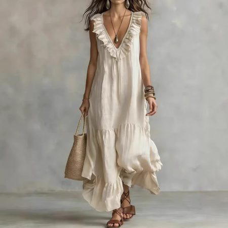 Lace-trimmed Loose-fit Casual Sleeveless Maxi Dress