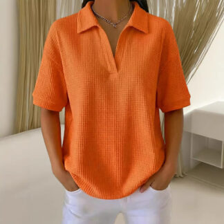 V Neck Waffle Knit Solid Color Loose Fitting Pullover Top