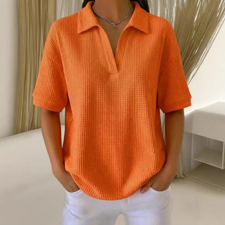 V Neck Waffle Knit Solid Color Loose Fitting Pullover Top