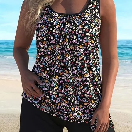 Women's Plus Size Split Floral Print Tankini Quick Drying Swimsuit Set