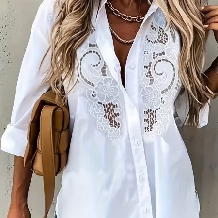Plus Size  Women'S Plus Size Casual Fashion Temperament Elegant Comfortable Commute Vacation Versatile Embroidered Hollow Craft Solid Color Long Sleeve Shirt