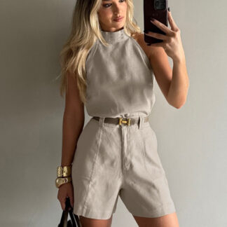 New Women's Elegant Two-piece Set Off Shoulder Sleeveless Top And High Waisted Shorts, Summer Women's Set