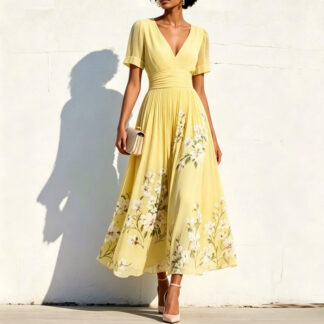 Womens Digital-Print Floral Long-Sleeve V-Neck Pleated Dress